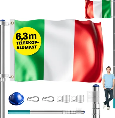 Produktbild von MONZANA® Fahnenmast Aluminium Teleskop 630cm Bodenhülse 60cm inkl. Flagge Flaggenmast Mast Flagge Alu, Farbe:Italien
