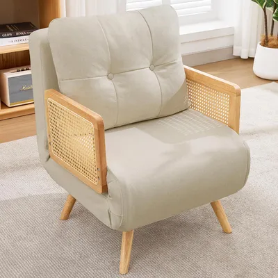 Image de Fauteuil relax pliable, fauteuil lounge rembourré avec dossier réglable en 5 positions, accoudoirs en rotin, fauteuil convertible 3 en 1, couleur beige