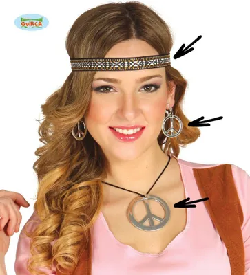 Produktbild von Hippie-Set Ohrringe Stirnband & Peace-Kette Kostüm-Zubehör Flower Power