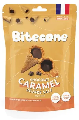 Produktbild von Bitecone Mini-Eiswaffeln mit Milchschokolade und Salzbutter-Karamellfüllung, 100 g