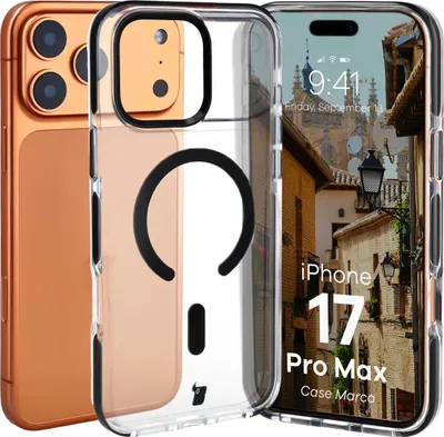 Produktbild von Handyhülle mit Magnetring für iPhone 17 Pro Max, Bizon Case Marco, Transparent mit schwarzem Rahmen