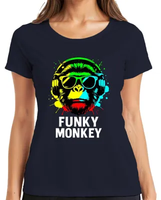 Produktbild von Funky Affe Kopfhörer Sonnenbrille Musik DJ Retro Bunt Streetwear Damen T-Shirt, Navy, M