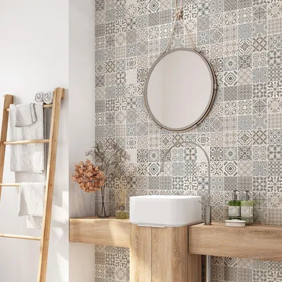Produktbild von Selbstklebende Wandverkleidung für Badezimmer – Lumaléa – Zementfliesenmuster – Kleber + GLANZ-Schutz – 70 x 70 cm