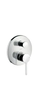 A chrome-finished shower mixer valve with two knobs and a lever, mounted on a white background.