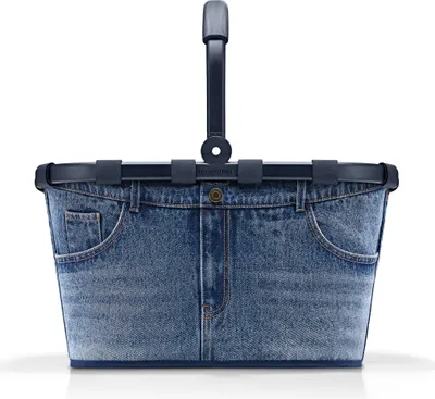A blue denim shopping basket with a dark blue handle against a white background.