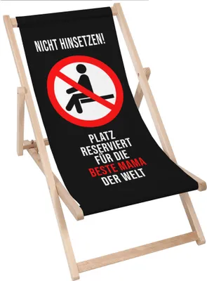 A black deck chair with text and a graphic.