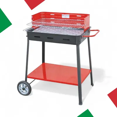 Zdjęcie produktu dla Grill węglowy ze stali emaliowanej, z rusztem regulowanym w 3 pozycjach, kółkami, uchwytem i półką na potrawy