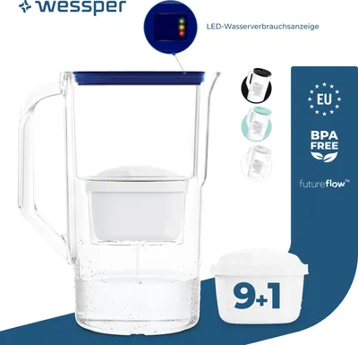 Zdjęcie produktu dla Wessper 2,8-litrowy dzbanek filtrujący z licznikiem LED Kompatybilny z Brita Maxtra | Zestaw 10 dzbanków filtrujących + wkład filtrujący - Niebieski