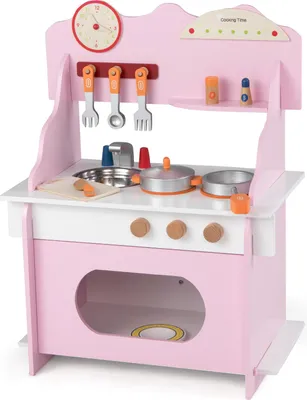 Produktbild von COSTWAY Kinderküche Holz, Spielküche mit 12 Zubehör, Uhr, Herd, Gewürzregal, Wasserhahn, Spüle&Ofen, Spielzeugküche, Küche Spielset für Kinder 2+Pink