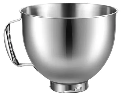 A stainless steel mixing bowl with a handle.