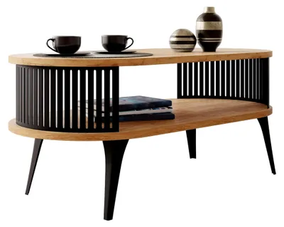 Produktbild von Couchtisch Rajkon mit Ablage, ovale Form, Metallbeine, Kaffeetisch, Wohnzimmertisch, Beistelltisch, Sofatisch, Teetisch (Eiche Craft Gold, Schwarz)