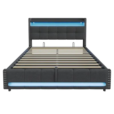 Produktbild von Flieks Polsterbett 180x200cm mit Ladefunktion (USB & Steckdose), Stauraumbett Boxspringbett mit Strauraum, Jugendbett Doppelbett mit LED, Leinen Grau