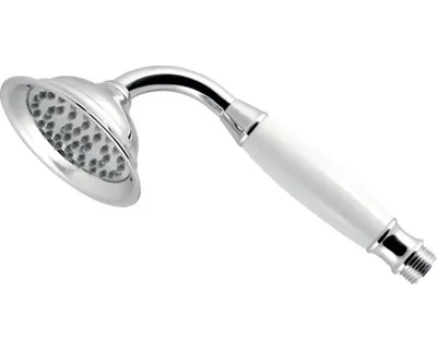 A close-up studio shot of a retro-style shower head with a white ceramic handle.