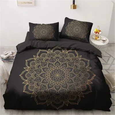 Produktbild von Bettwäsche-Set 200x200cm Schwarz Gold Mandala Mikrofaser Vintage Bohemian Deckenbezug mit Reißverschluss + 2 Kissenbezüge 80x80cm
