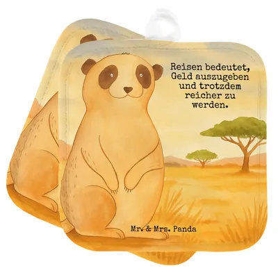 Produktbild von Mr. & Mrs. Panda 2er Set Topflappen  Erdmännchen Design - Weiß - Geschenk, Doppel, Weltreise, Reisen, Spruch, Traveling, Afrika, Kochlappen, topfhalter, Topfuntersetzer