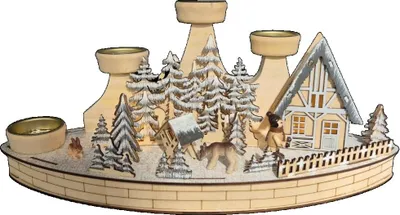 Produktbild von Kaladia Schwibbogen aus Holz - Waldszene - Teelichthalter für 4 Teelichter - mit winterlichem Motiv