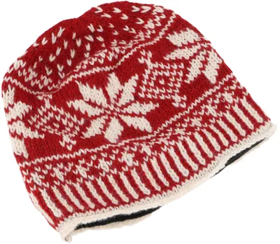 Produktbild von Wollmütze aus Nepal, Handgestrickte Mütze, Strickmütze, Wintermütze mit Norwegermuster - Rot/weiß, Uni, Wolle, Hüte, Mützen