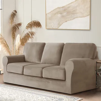 Produktbild von Samt-Stretch-Sofabezug mit separatem Rückenlehnenbezug und Sitzkissenbezug, Anti-Rutsch-Sessel-Sofa-Überzug mit Gummiband für Wohnzimmer (3-sitzer, Taupe)