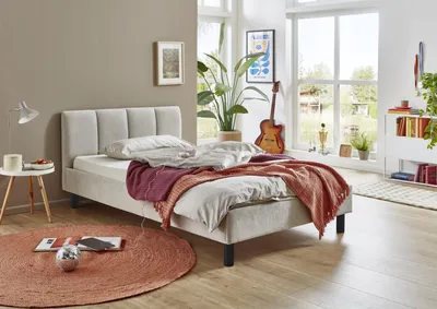 Produktbild von Meise Möbel Polsterbett Joker 140x200 cm | Doppelbett | Bettgestell | Kopfteil mit tiefem Einzug | Strukturstoff Beige | Holzfuß schwarz