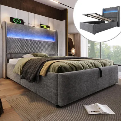 Produktbild von Flieks Hydraulisches Polsterbett 90x200cm mit USB/Type-C-Anschlüssen, Stauraumbett Einzelbett Jugendbett mit Led, Leinen, Grau