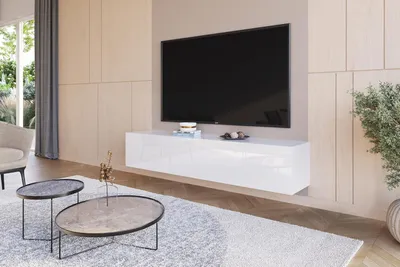 Produktbild von Wohnwand Weiß Full Hochglanz TV Lowboard 180 cm Hängeschrank TV Board Hängend Schrank Fernsehschrank TV Bank Wohnzimmer Möbel Modern Wandschrank