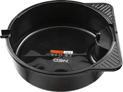 A black oil drain pan with a label on it.
