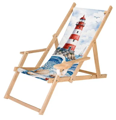 Produktbild von Holz Klappliegestuhl mit Armlehne und Getränkehalter, Meeresküste Motiv, klappbar