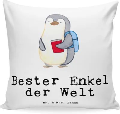 Produktbild von Mr. & Mrs. Panda Dekokissen Pinguin Bester Enkel der Welt - Weiß - Geschenk, Geschenkidee, Enkelsohn, Kissen 40x40, Kuschelkissen, Deko, Polster, Sofa, Opa, Oma, Taufe