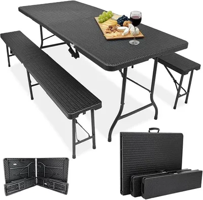 Obrázok produktu pre Sada záhradného nábytku do stanu, skladacia, 3-dielna – stôl 180x74x72 cm + 2 lavice 180x25x43 cm – záhradový stôl, odolný voči poveternostným vplyvom a ľahko udržiavateľný, s protišmykovou úpravou – s úchytmi na prenášanie – vhodný na kemping, do záhrady – vzhľad ratanu