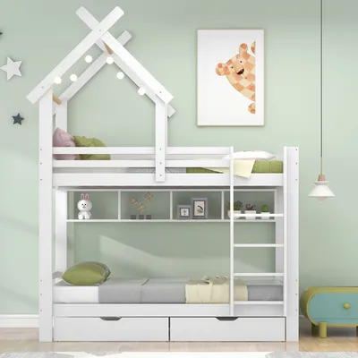 Produktbild von okwish Etagenbett 90x200 cm mit Schubladen und Regalen mit dreistufiger rechtwinkliger Leiter mit Absturzsicherung und Gitter, Classic Home Kinderbett, Gestell Kiefer, weiß