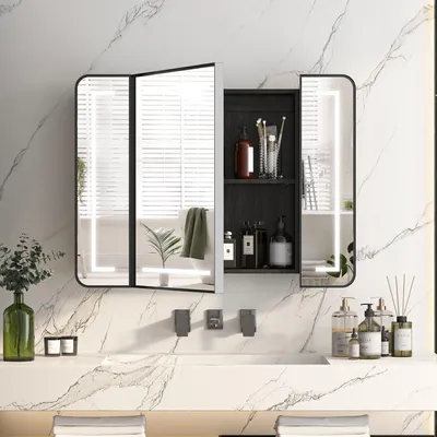Produktbild von Radelldar LED-Spiegelschrank mit 3 Türen, dimmbar, Wandmontage, 100 x 15 x 76 cm, Schwarz