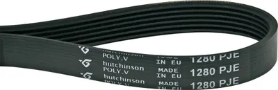 A close-up studio shot of a black V-ribbed belt.