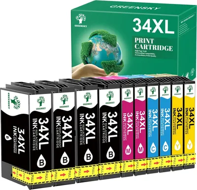 A box of Greensky 34XL ink cartridges with a depiction of the Earth on it, and a row of ink cartridges lined up in front of the box.