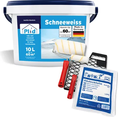 Produktbild von Plid Schneeweiß Wandfarbe Weiß 10L, für ca. 60m² + Streichset 6-tlg / Hohe Deckkraft Wand Innenfarbe