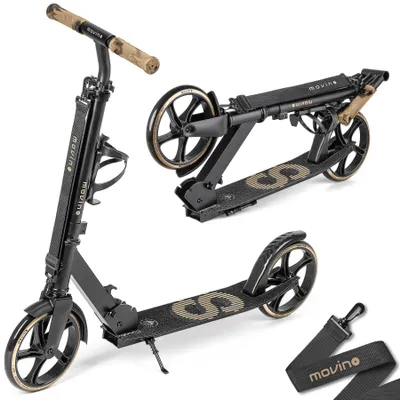 A black and gold scooter is shown in multiple views, including folded and unfolded.