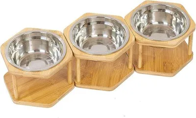 Produktbild von Famanu Set von 3 erhöhten Katzenfutter- und Katzenklo-Schalen - Edelstahl