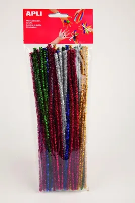 A package of colorful chenille stems (pipe cleaners) is displayed against a white background.