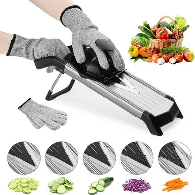Image de Mandoline de cuisine 5-en-1 réglable - Lame en V en acier inoxydable, idéale pour couper les légumes et les pommes de terre