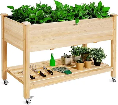 Imagen del producto de Cama elevada de madera con estante y ruedas, jardinera elevada, maceta con ruedas fijas y cubierta de plástico, diseño natural