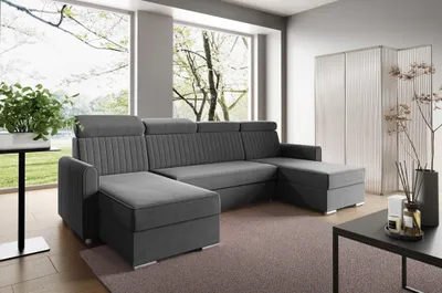 Image de LIKMA Canapé d’angle U Neli 274x162 cm Graphite Convertible Couchage 254x125 cm Coffre x2 Rangement Appuie-tête Réglables Canapé Panoramique