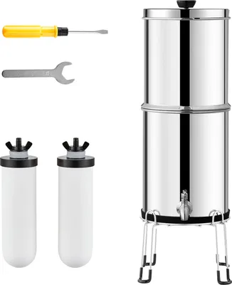 Image de SucceBuy Système de filtration d'eau par gravité, 2,25 G 304 Système de filtration d'eau en acier inoxydable pour le plan de travail, réduit le plomb et jusqu'à 99% de chlore, avec 2 filtres à charbon céramique, robinet et support