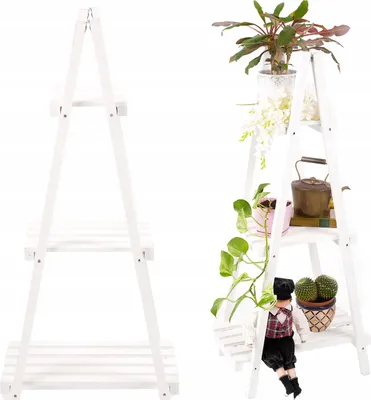 Zdjęcie produktu dla ECODECO Regał z drabinką – podwyższona grządka na balkon | Schody na kwiaty – regał na zewnątrz, do wnętrz, na taras i balkon | Podwyższone grządki ogrodowe – schody na rośliny, pionowa grządka z 3 półkami | Biały
