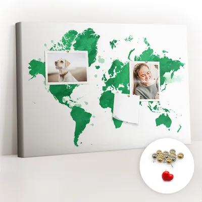 Obrázok produktu pre Korková nástěnka s kolíčky - Tabule s kolíky pro fotografie a poznámky - 60x40 cm - Připínáčky kovové 100 kusů - Zelená mapa světa