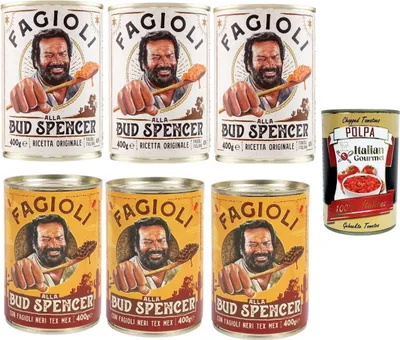 Produktbild von Fagioli alla Bud Spencer - Bohnen in Sauce, Dose 400 g, original italienisches Rezept oder Tex-Mex (Fagioli Neri) zum Aufwärmen, Proteinquelle, 6 x 400 g + Italian Gourmet Polpa 400 g