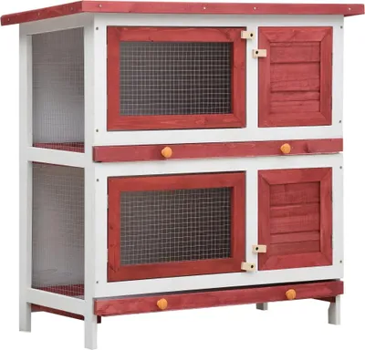 Produktbild von vidaXL Kaninchenstall, Holz, Rot, 4 Türen, Gesamtgröße 90x45x90 cm (LxBxH), Innenmaße 38x77x79.5 cm (BxTxH), 2 Ebenen, herausziehbare Schubfächer, witterungsbeständig, einfacher Aufbau, dichtes Drahtgitter, gemütlicher Schlafbereich