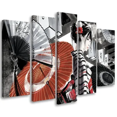 Produktbild von 5-teiliges leinwandbild geisha mit fächer 150x100 cm Feeby grau wandbild bereit zum aufhängen