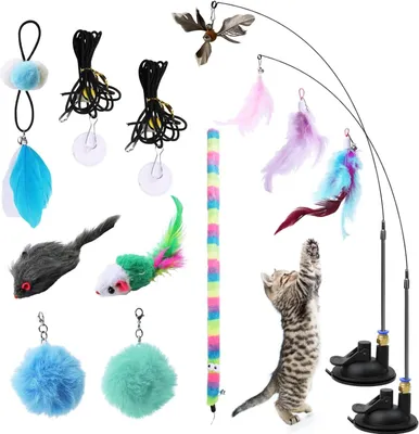Produktbild von Katzenspielzeug Set 16 Stück, mit Angel, Saugnapf, Fellbällen, Federköpfen, Maus, für Katzen