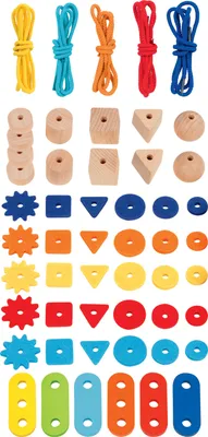 Produktbild von goki 58677 Mein kunterbuntes Fädelspiel Perlen Ø 2,5 cm, Holz, Filz, 48 teile zum Fädeln, 5 Schnüre,, bunt