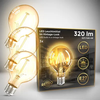 Produktbild von 3x LED Leuchtmittel Filament Vintage Industrie Lampe E27 Retro Glühbirne G80 4W