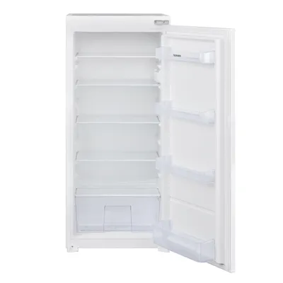 An open, empty white refrigerator with shelves and a crisper drawer.